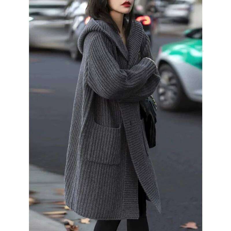 European Hooded Cardigan Women's Mid-Length 100% Cashmere Autumn And Winter Loose High-End Lazy Wind Sweater Coat