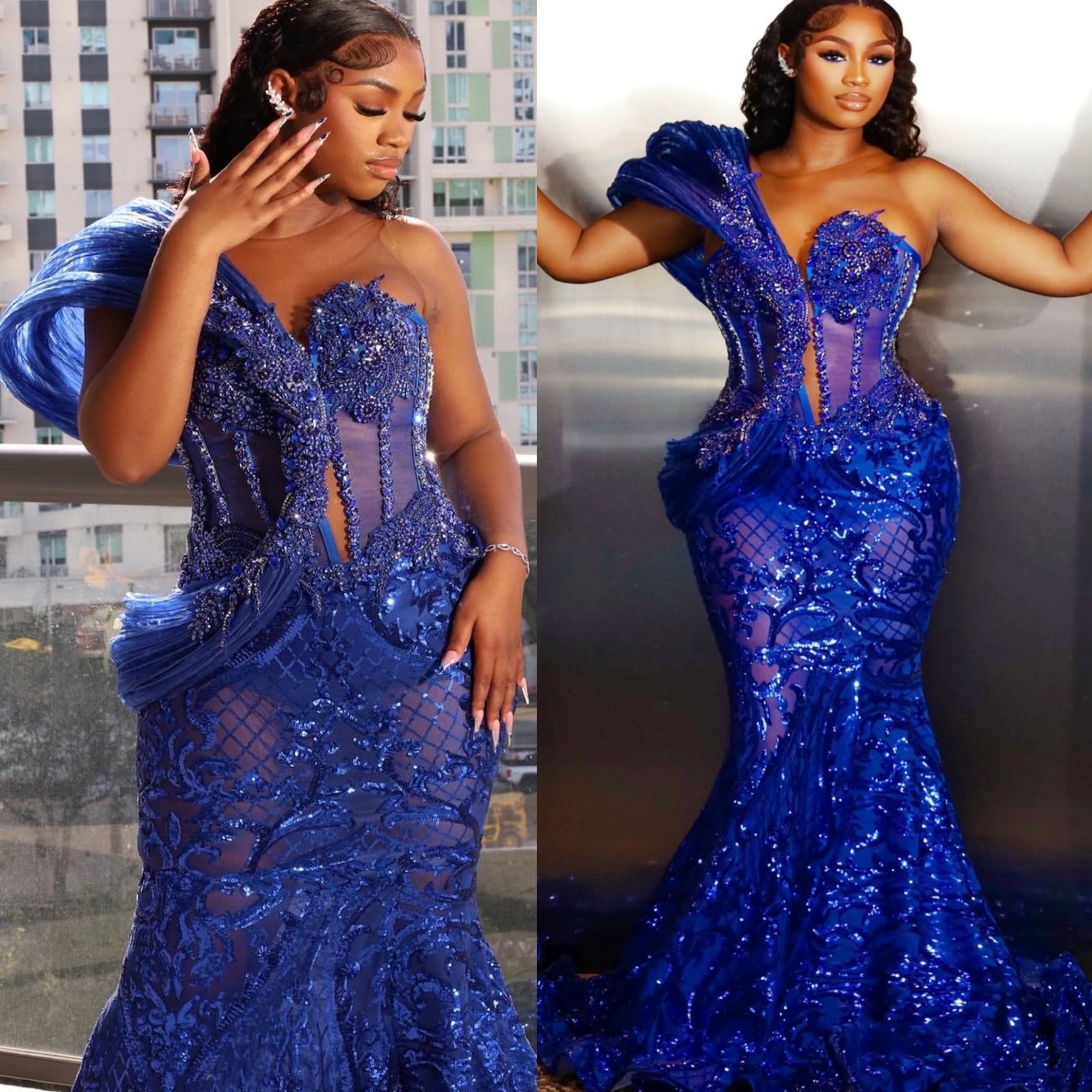 Royal Blue Mermaid Prom Dresses 2025 Crystals Sequined Sheer Neck Evening Formal Party Second Birthday Engagement Gowns Plus Size Dress For Special Oc