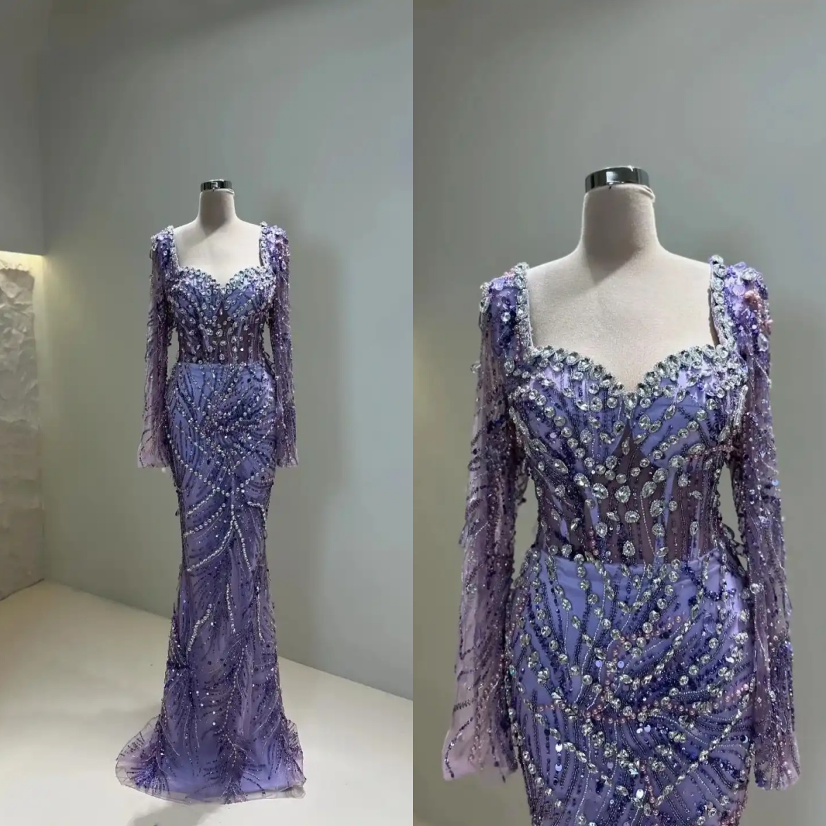 Gorgeous Evening Dresses For Women Sweetheart Neck Long Sleeves Gown Sequins Crystal Sweep Train Dress Party Customized Dress