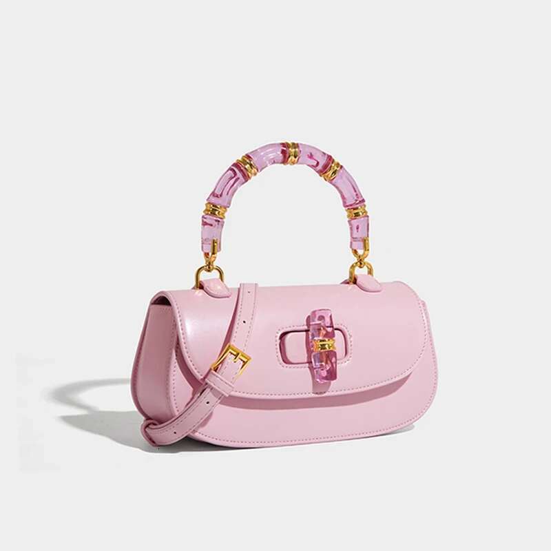 Super Beautiful Bamboo Handbag Retro Brand Saddle New Women's High-End Exquisite Pink Lock Leather Shoulder Bag