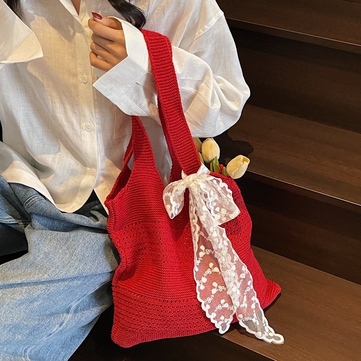 designer Red Bag Large Capacity Summer Beach Bag Seaside Vacation Style Commuter Knitted Bag Lazy Style Woven Tote Bag