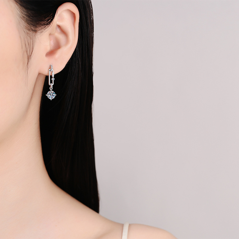 925 Silver Moissanite Paperclip Dangle Earrings PT950 Plated Elegant and Stylish for Women