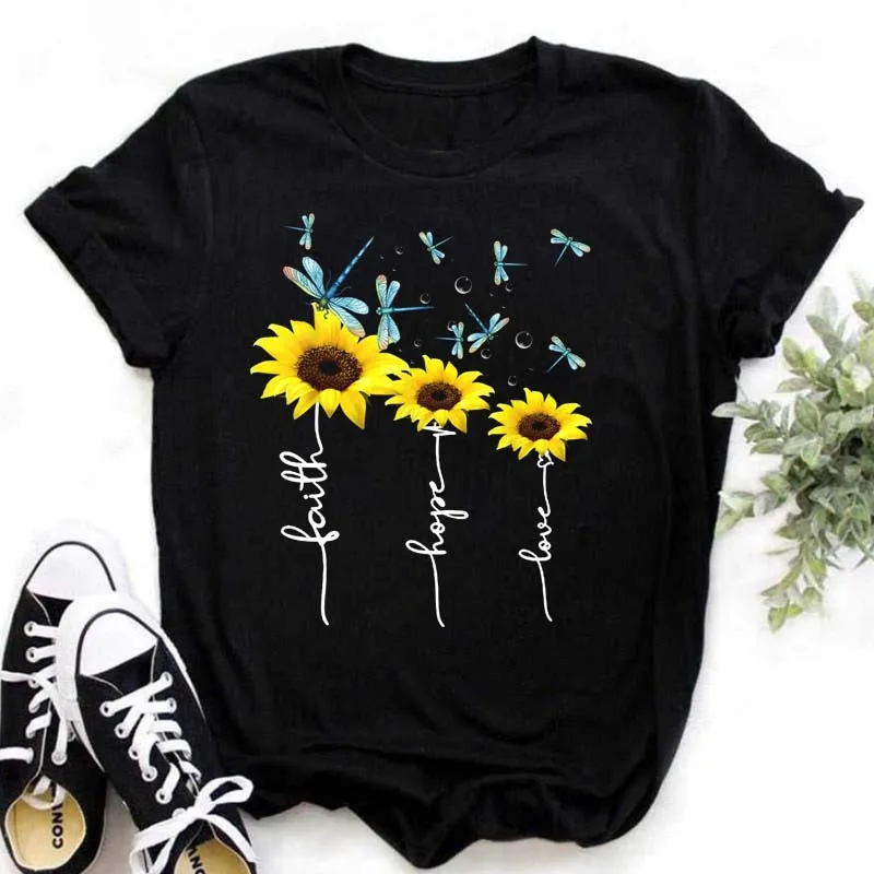 Desginer Women's T-shirt Casual Kawaii Sunflower Butterfly Pattern Print Tshirt Comfortable Casual Women's Clothing Black Top