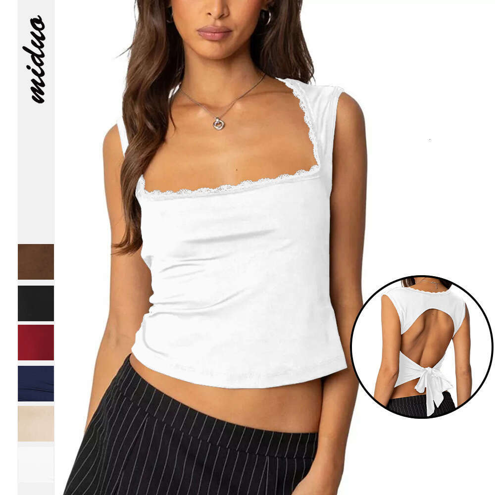 Women's Y2K Top Vest Solid Color Sexy Lace Square Neck Sleeveless Tie Backless Outfit