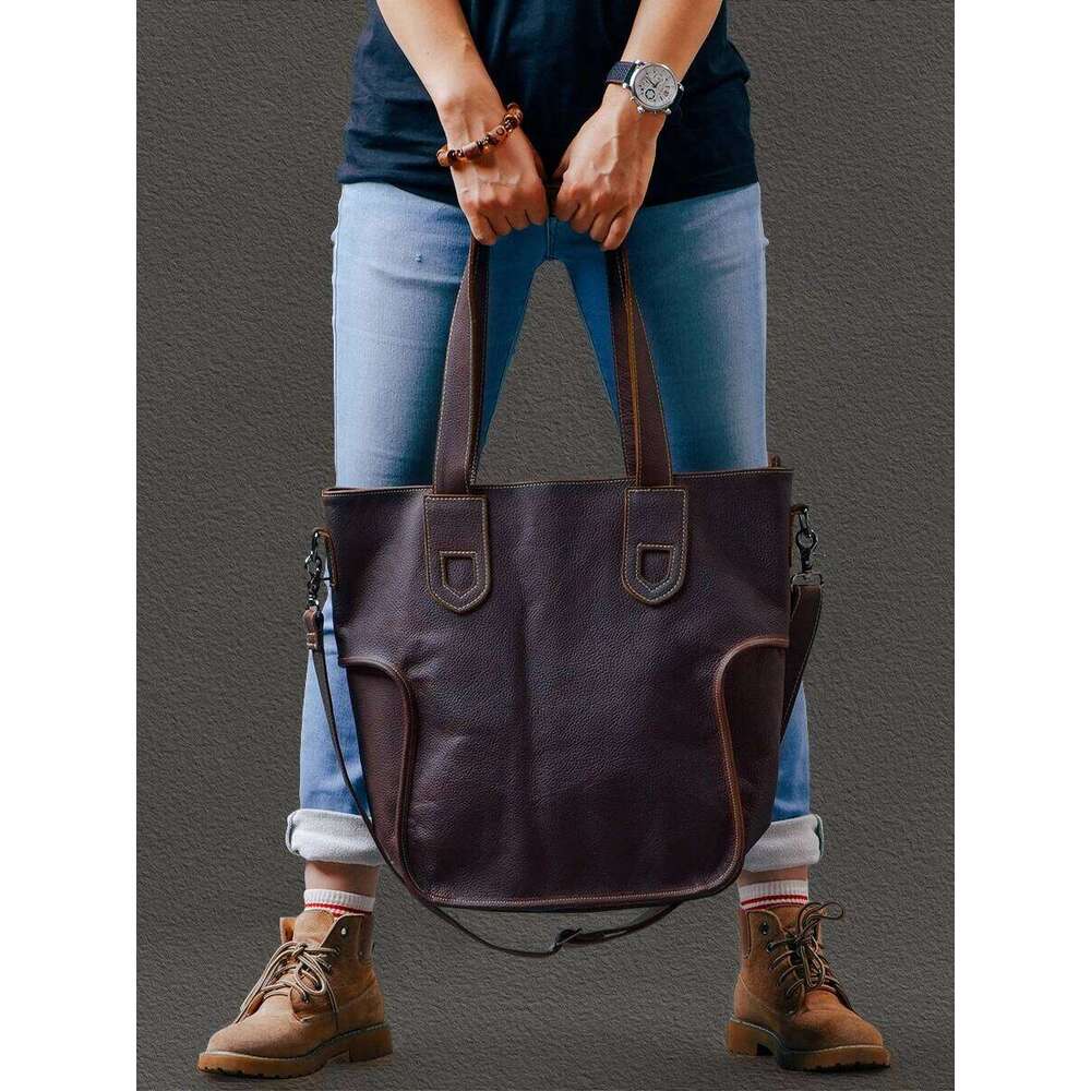 Large Capacity Vintage Natural Genuine Leather Men Tote Casual Simple Cowhide Oversized Shopping Shoulder Bag Handbag