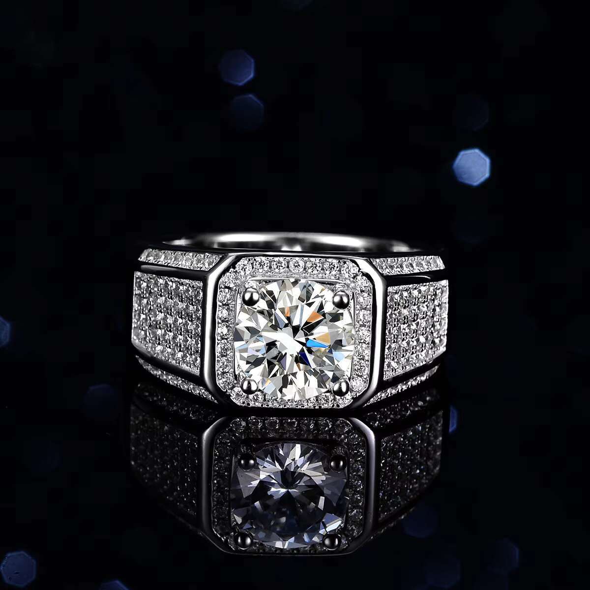 Wholesale 925 Sterling Silver Round Cut Moissanite Ring for Men Moissanite Engagement Wedding Ring 2ct