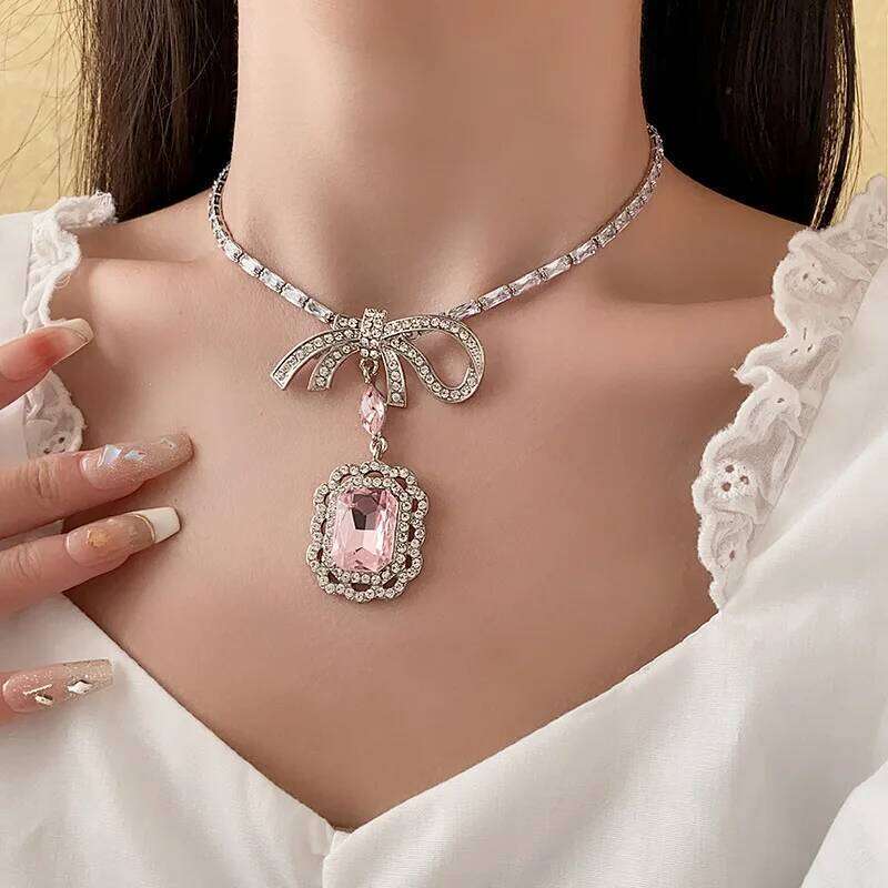 Sweet Square Rhinestone Bow Drop Earring Pendant Necklace Light Temperament High-End Designer Women's Jewelry Sets Party