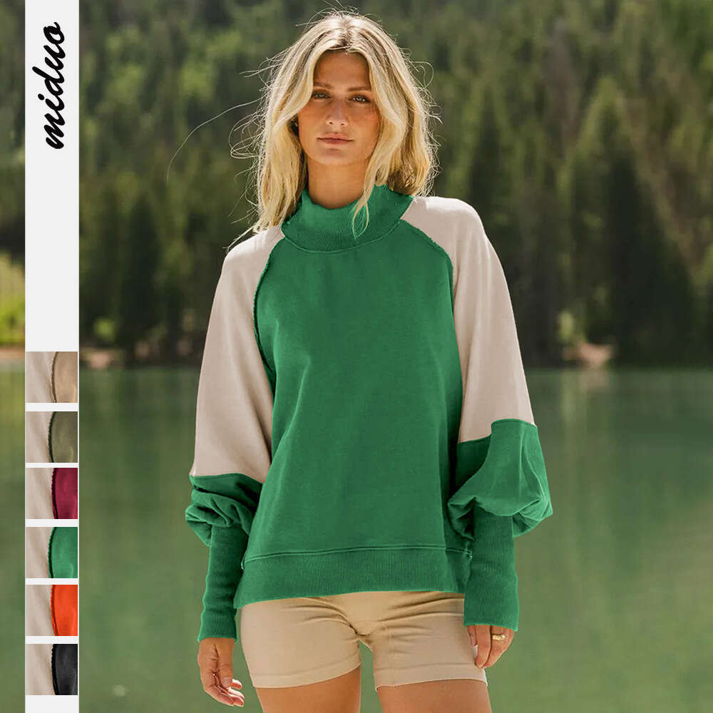 Hot Selling Women's Clothing Color-Block Design Lantern Half-High Collar Long Sleeve Sweatshirt Casual Commuter Women