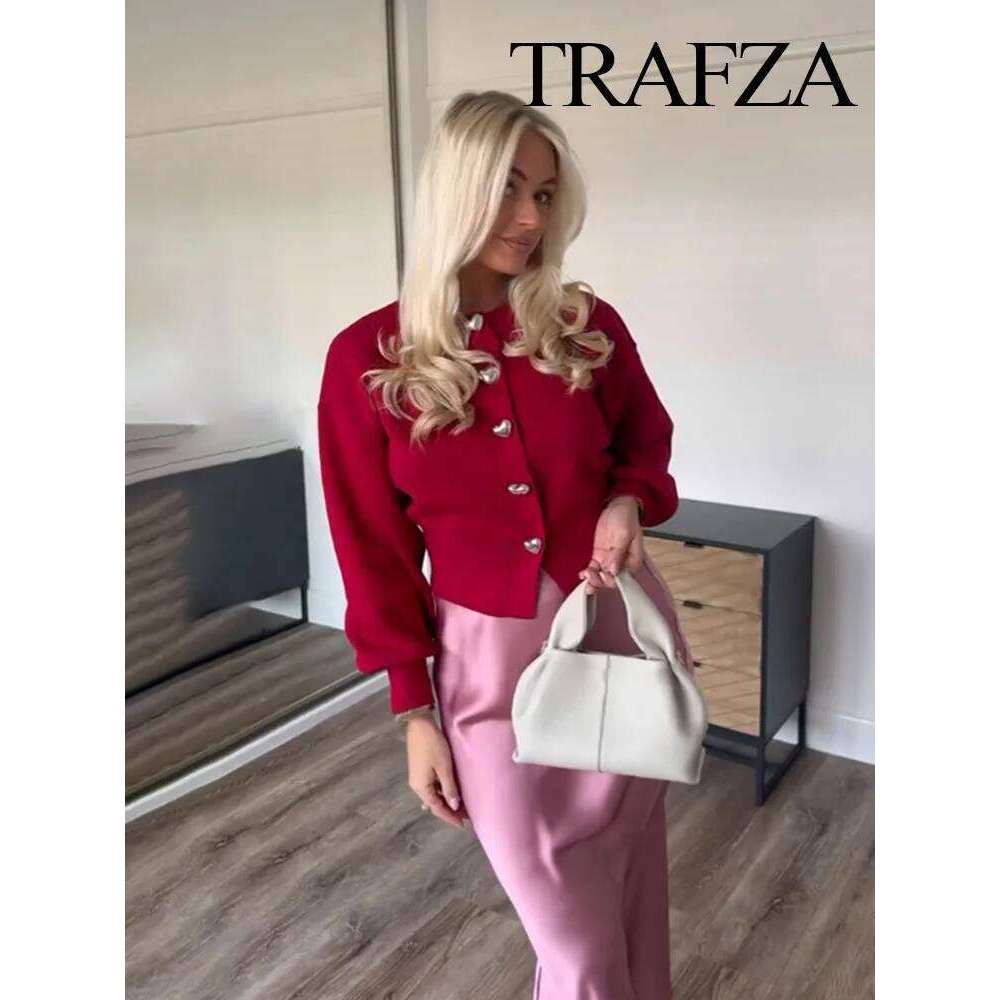 TRAFZA Women Fashion Solid Tops Heart-Shaped Buttons Cardigans Female Spring Casual Long Sleeve O-Neck Knitting Sweaters Coats