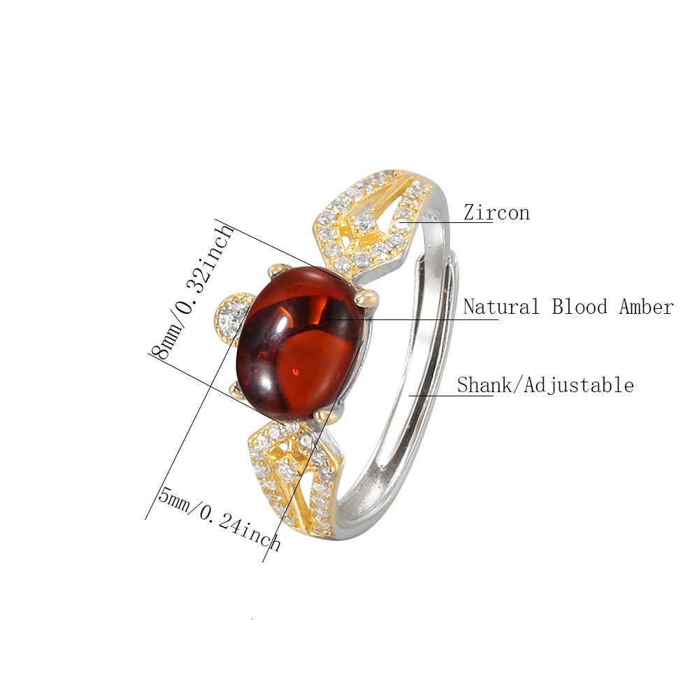 925 Sterling Silver Womens Ring with 8*6mm Natural Gems Blood Amber Adjustable Open Bands Jewelry for Daily Wear Birthday Gift 250526