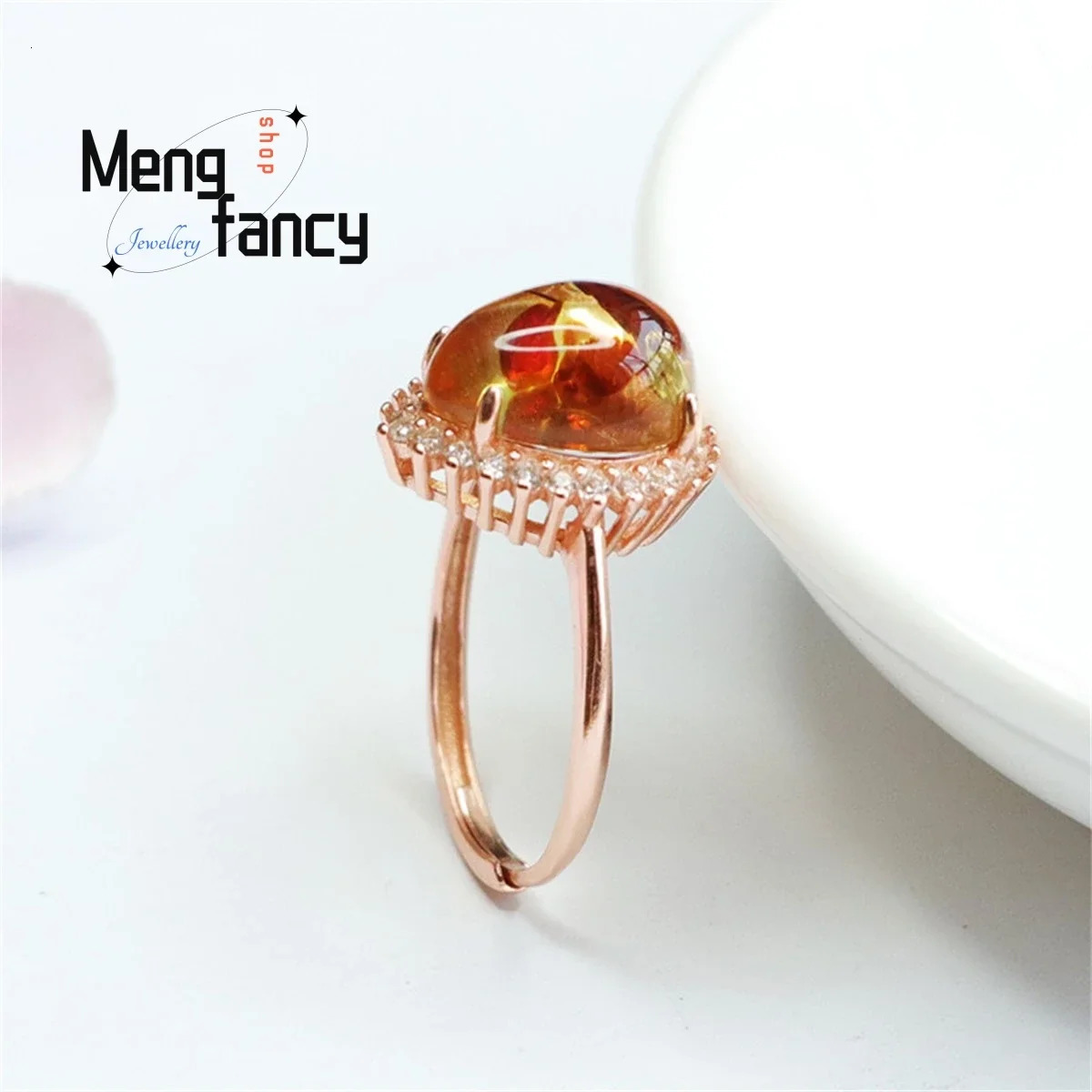 Natural S925 Silver Inlaid With Flower Pearl Amber Water Drop Wrapped Zircon Ring Simple Fashionable Exquisite Couple Fine Gift 250526