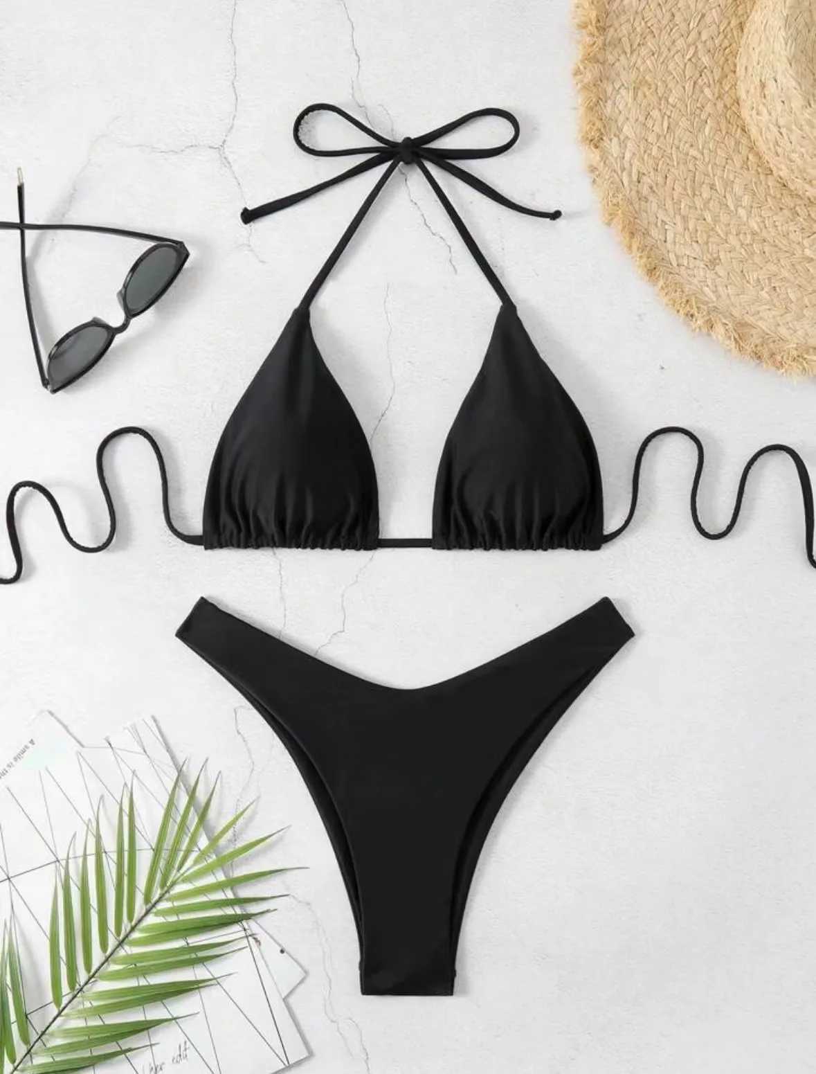 2025 Women White Bikini Chest Padded New Sexy Halter Bikini Two-Piece Set With Drawstring Straps Solid Brazilian Bathing SuitT250602