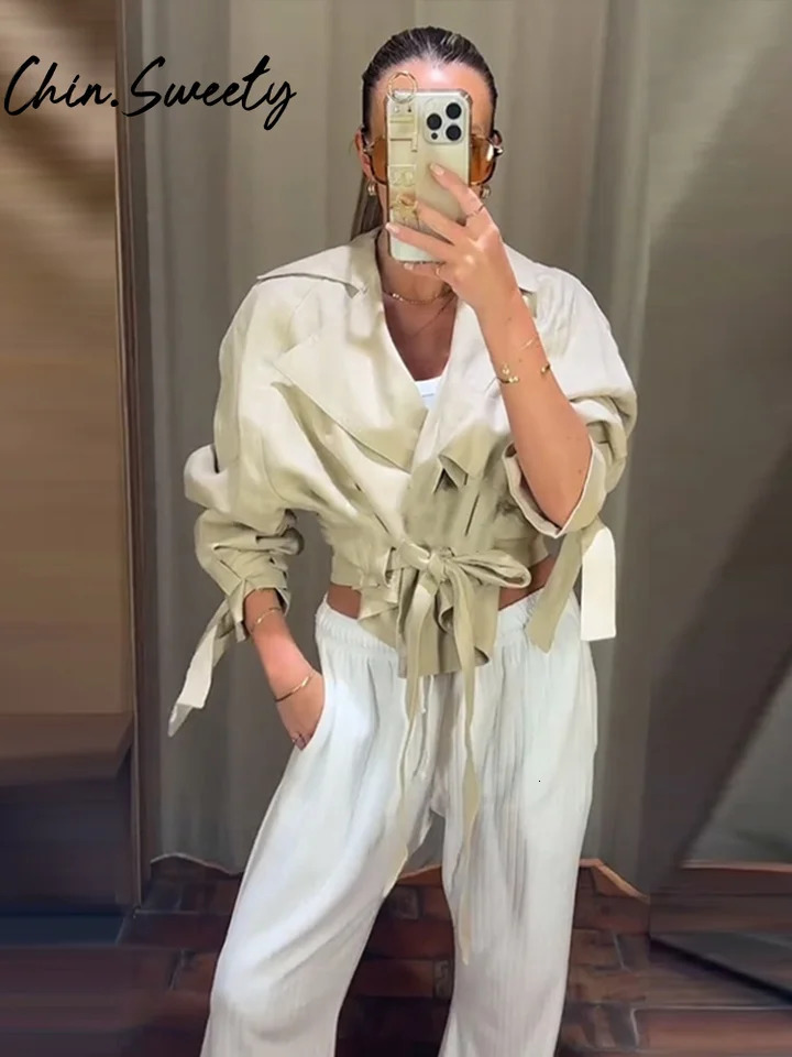 Urban Belt Patchwork Women Jacket Street Solid Lapel Long Sleeve Female Outwear 2025 Spring Autumn Elegant Lady Streetwear 250530