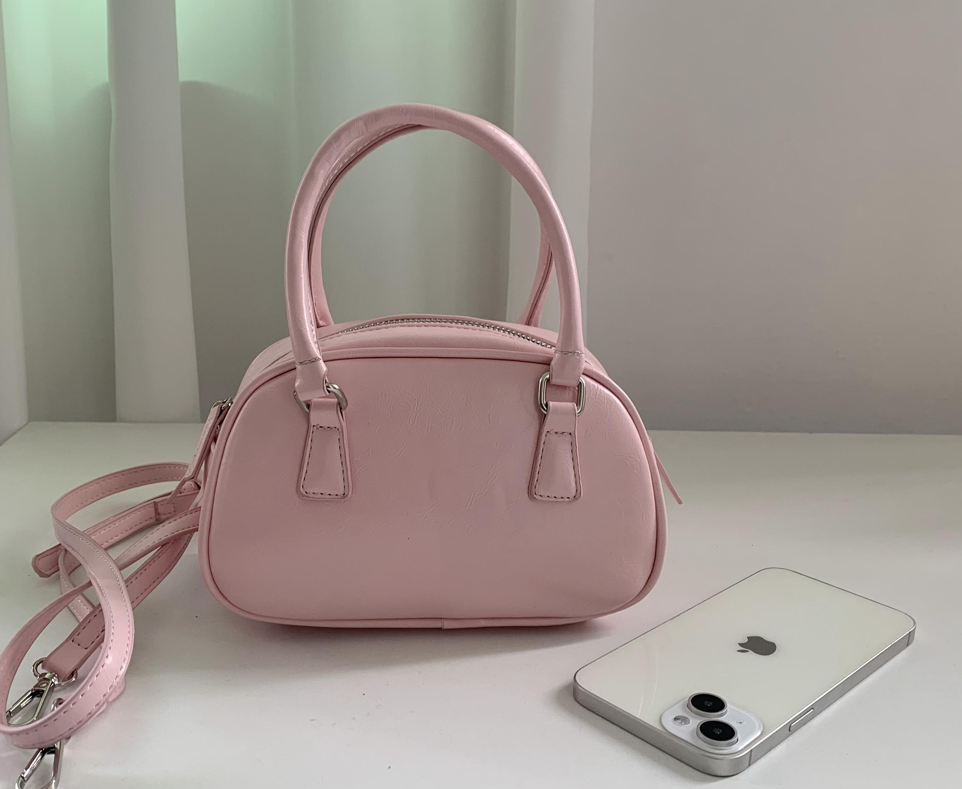 designer 2025 New PU Texture Silver Bag Polyester Small Square Bag Fashion Versatile Handbag Crossbody Bowling Ball Small Bag