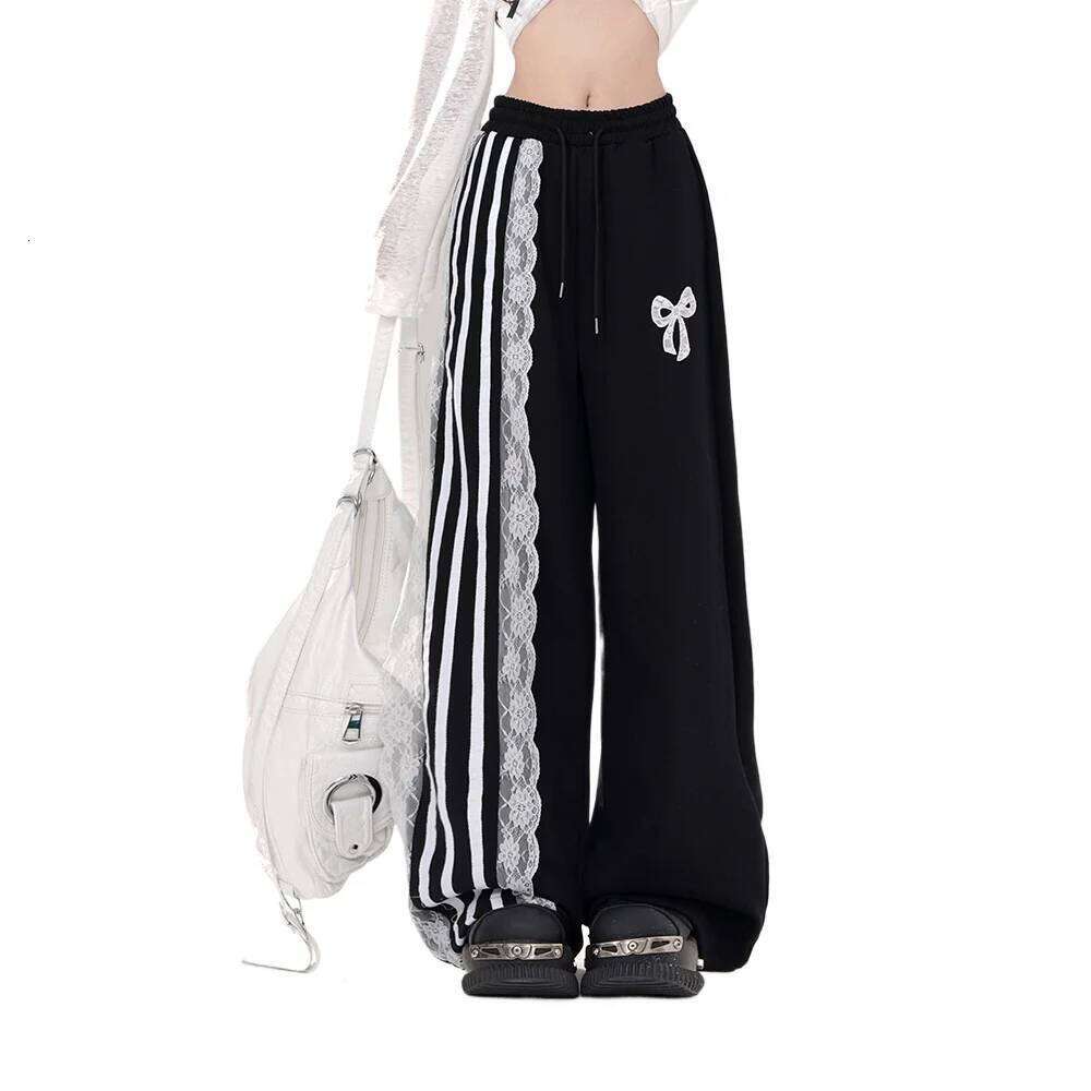High Quality Hot Selling Wholesale Loose Lace Casual Women Wide Straight Leg Striped Drawstring Pants Streetwear