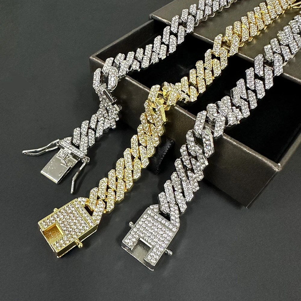 10mm Square Iced Out Cuban Link Chain Bracelet for Men Women Bling Rhinestone Hip Hop Necklace Jewelry 250530