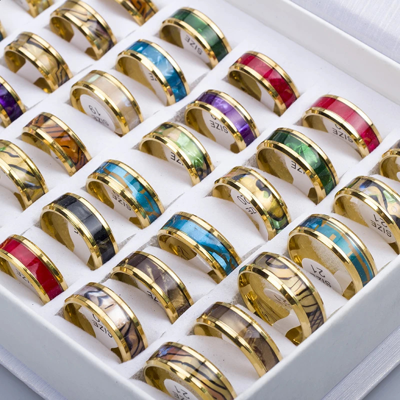 24 Pcs/Lot Fashion Sparkling Multicolor Shells Stainless Steel Rings For Women Men Mix Style Wedding Party Finger Jewelry 250528