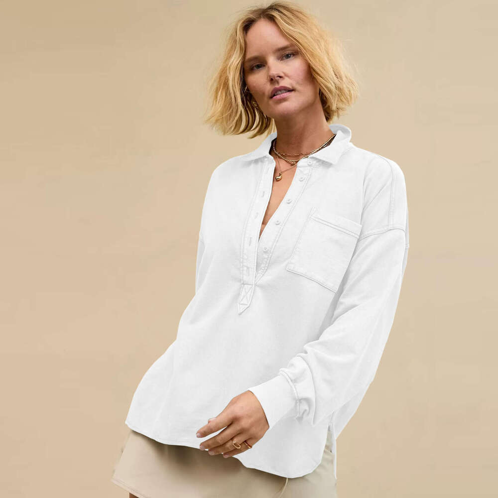 New Fashion Versatile Women's Loose Polo Collar Button Casual Long Sleeve Design Split Sweatshirt