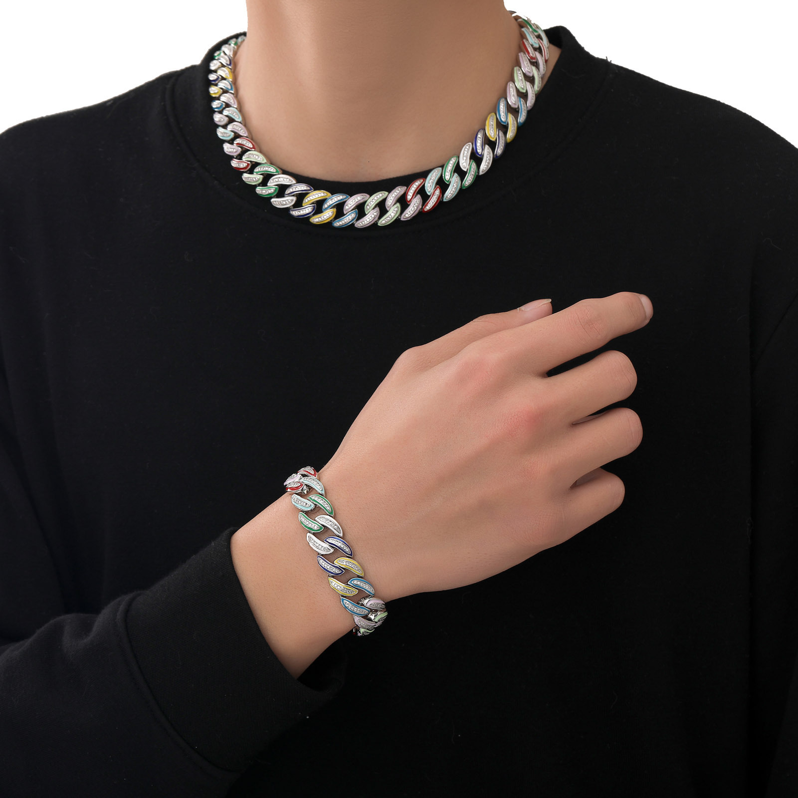 Hip Hop Meisa New 15mm Colorful Oil Drip Cuban Chain High-end Copper Inlaid Moissanite Trendy Bracelet Niche Jewelry moissanite