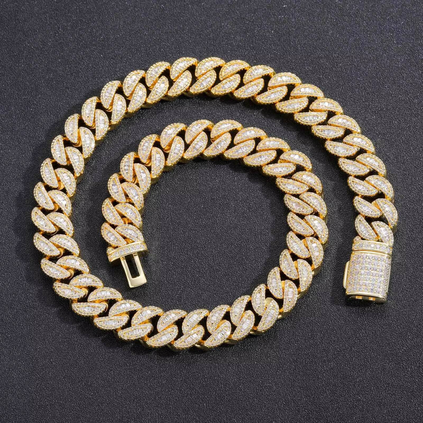 15mm Width Prong Brass CZ Hip Hop Jewelry Chains for Men Custom Length Cubic Zirconia Cuban k Chain