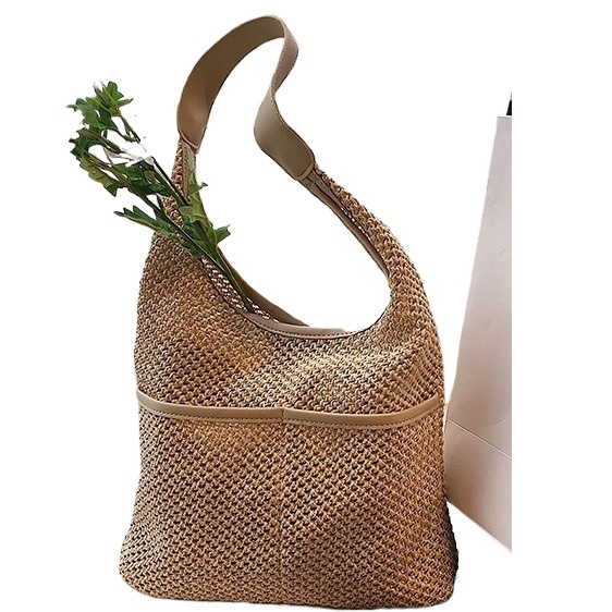 designer Woven Bag Fresh Style Single Shoulder Underarm Tote Bucket Bag Korean Classic Straw Bag Women's Beach Bag Literary Forest Style