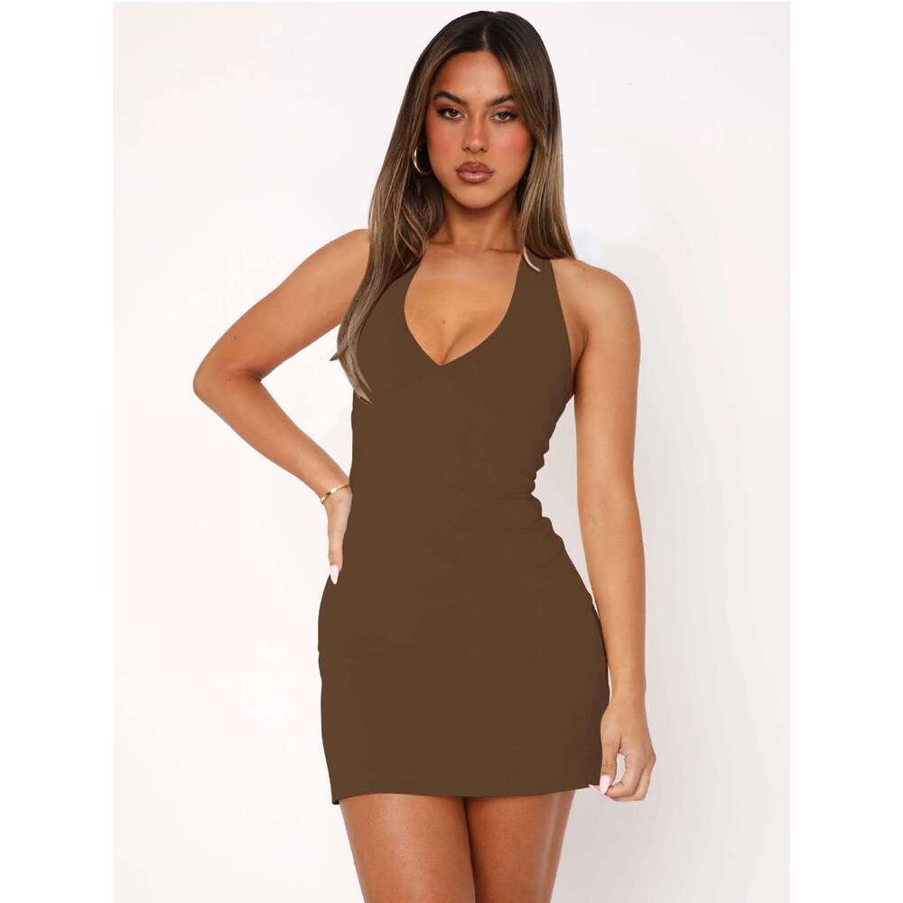 2025 New Women's Fashion Solid Color Slim Fit Summer Strap Sexy Short Dress Halter Neck