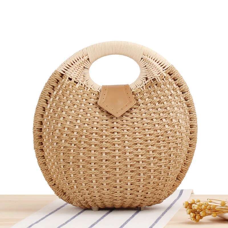 Women's Natural Rattan Handwoven Round Shell Handbag Top-handle Summer Fashion Bohemia Female Casual Tote Clutch Beach Bag