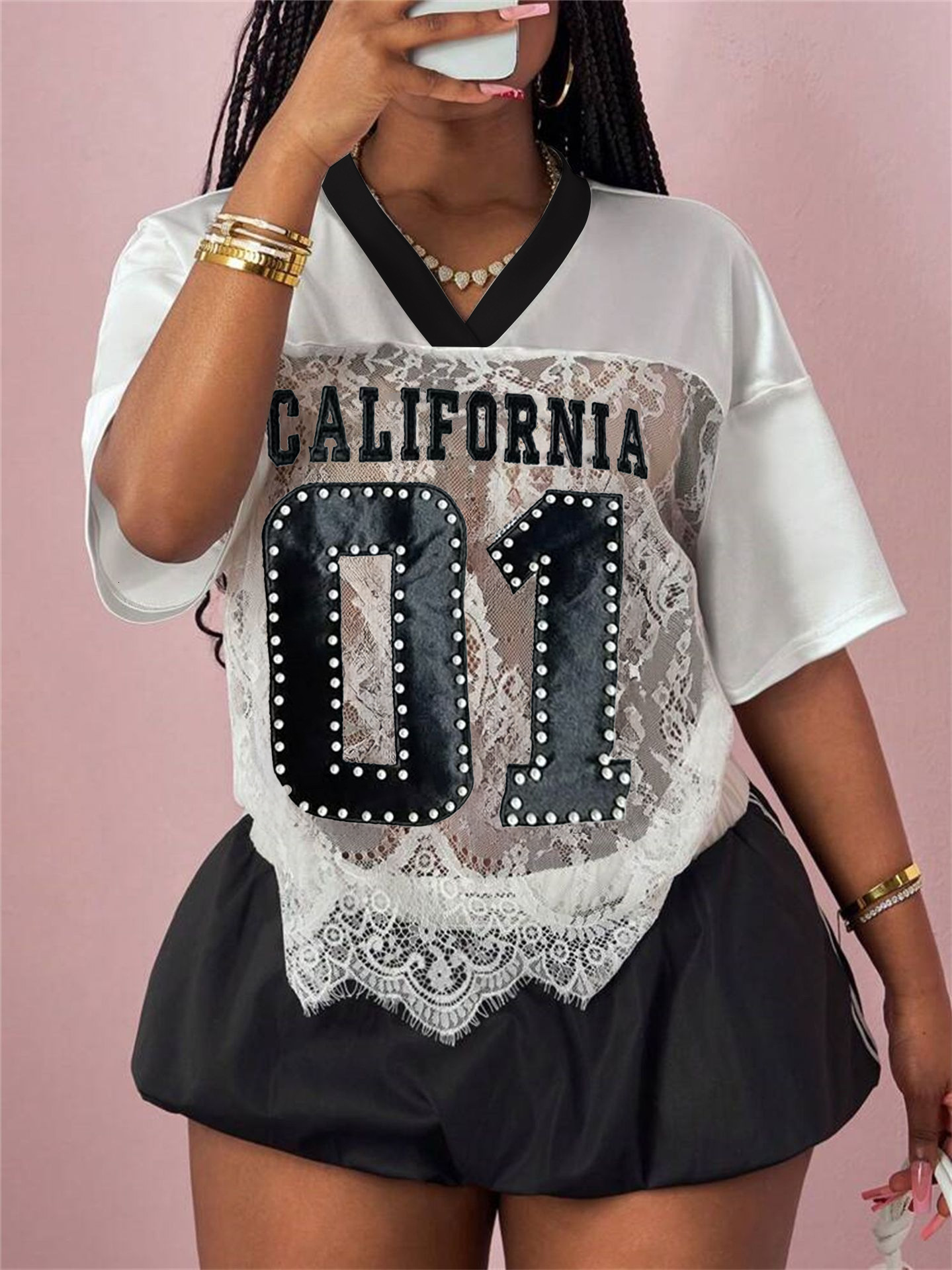 Designer T Shirt Summer New Women S Fashion Foreign Trade Printed Loose Casual Street See Through Sexy Lace Patchwork Top Essentials Summer Dress