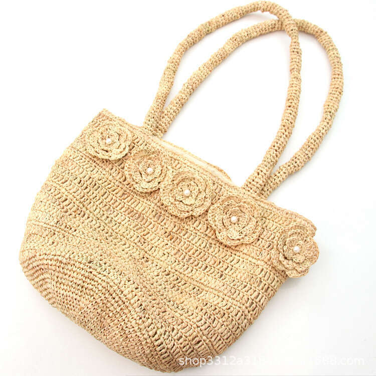 Straw Beach Tote Korean Style Sweet Outing Versatile Straw For Women Simple Fashion Flower Pearl Decoration Handmade Raffia Bag Crossbody Bag