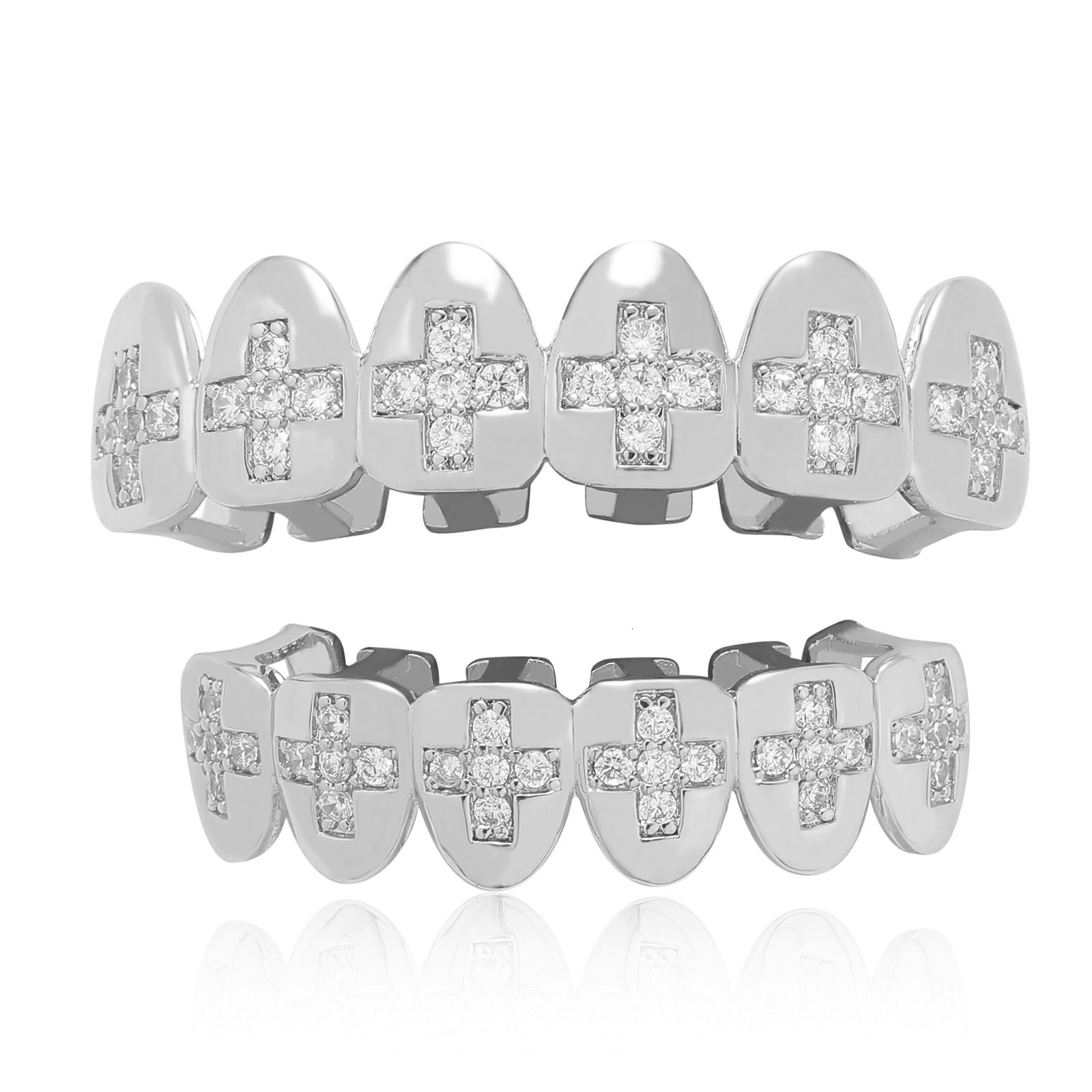 Hip Hop Teeth Set with Cross and Moissanite Teeth Set for Halloween Funny Men Personality Big Gold Teeth Grillz moissanite