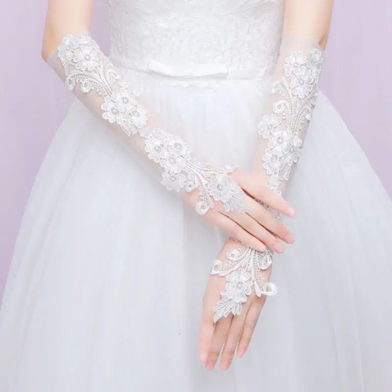 Sweet Embroidery Floral Lace Long Gloves Sheer Mesh Wedding Bridal Prom Mittens 250530