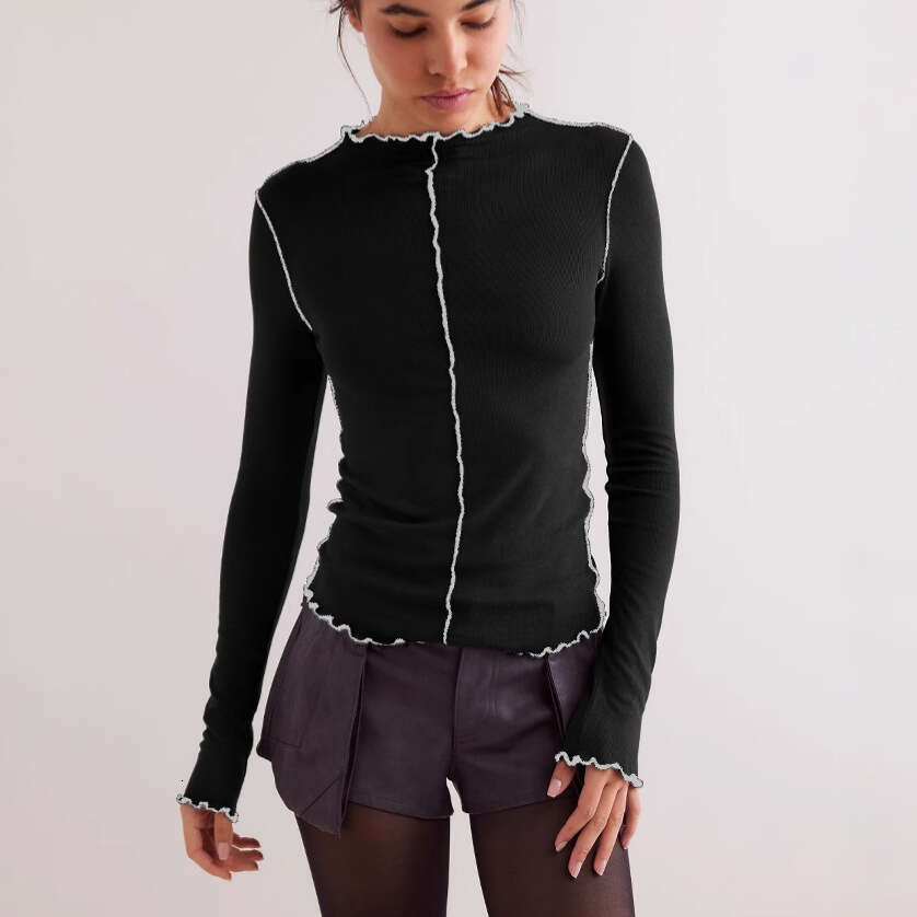 Patchwork Slim Fit Long Sleeve T-Shirt Top Design Sense Base Shirt Color Block Women's Ruffled Edge 1062