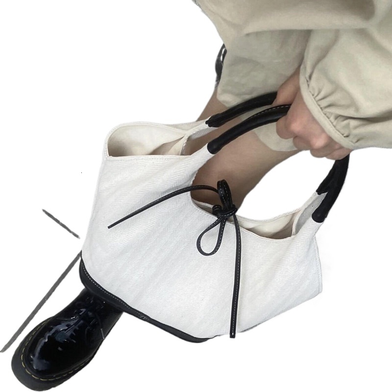 designer Korean Style Bowknot Patchwork Canvas Tote Bag for Women 2025 New Niche Design Commuter Shoulder Bag Large Bag for Women