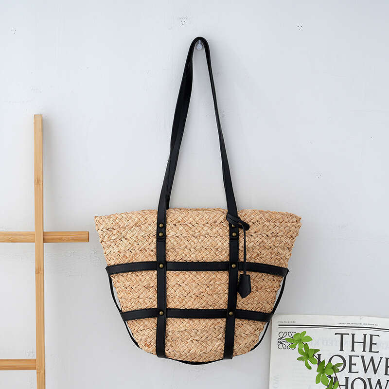 Straw Beach Tote Niche Design Raffia PU Handle Straw Beach Vacation Shoulder Patchwork Color Block Underarm Tote Bag For Women Crossbody Bag