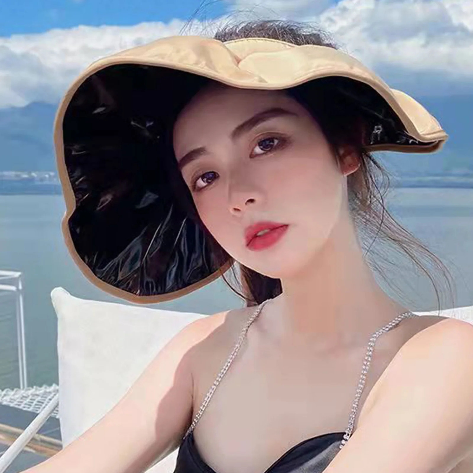 Korean Summer Dual-use Headband Sun Hat Women Hollow Top Outdoor Travel Cap Uv Sea Beach Hat Wide Brim Visor Hat Adjustable Size 250530