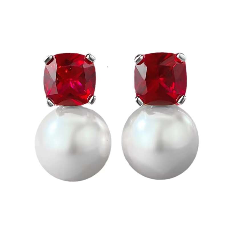 S925 Silver Pigeon Blood Moissanite Gemstone Stud Earrings 12mm Gold-Plated Pearl Cute Fashionable All-Match for Party Gifts