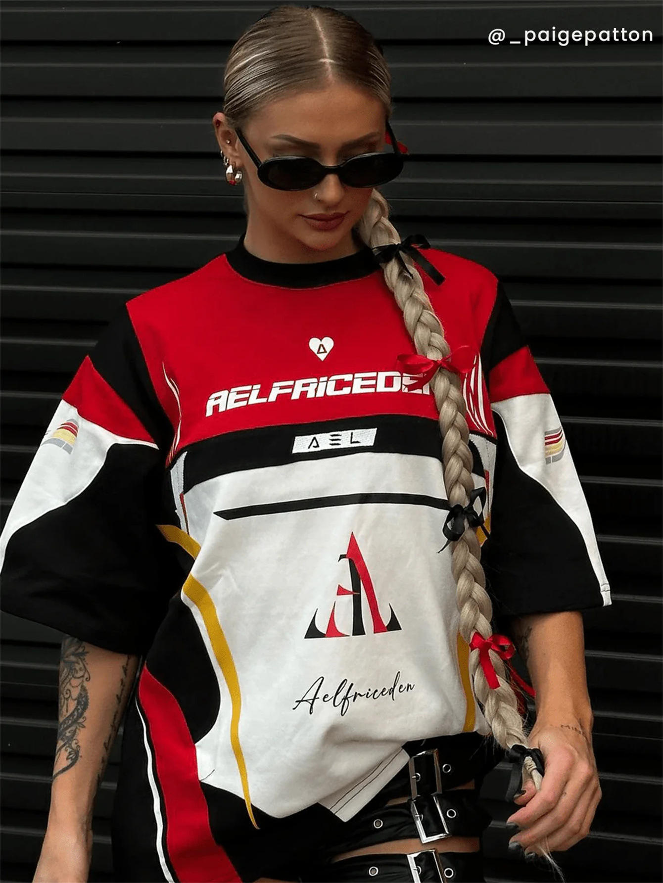 Designer T Shirt Autumn New Trendy Fashion Printed Motorcycle Style High Street Retro American Short Sleeve Top Color Block T Shirt For Women Essentia