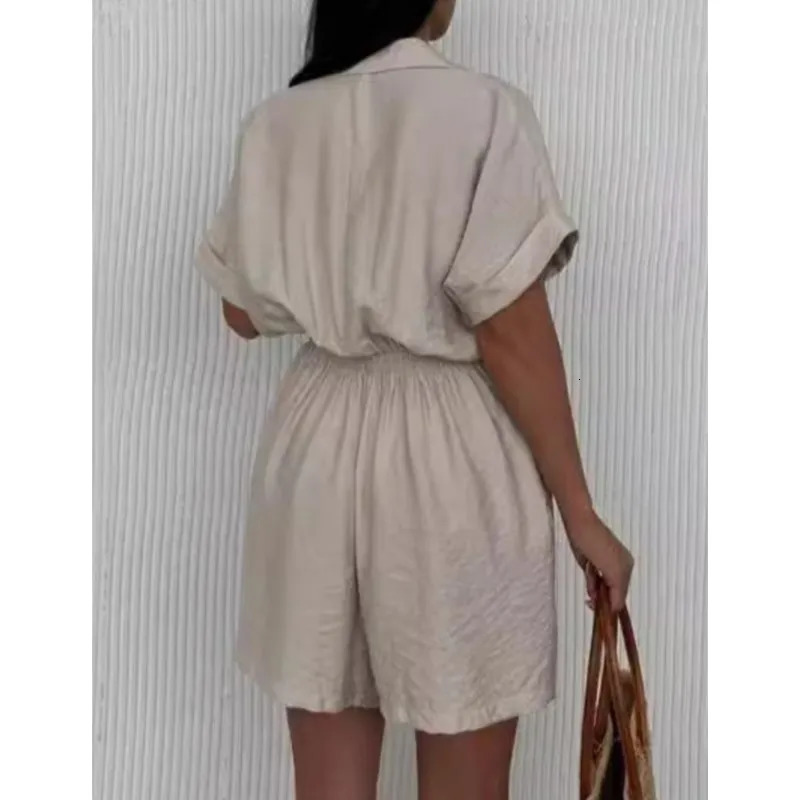 Women Fashion Pocket Shorts Jumpsuits Turn Down Collar Short Sleeve Tops Elastic Waist Shorts Casual Summer Femme Streetwear 250528