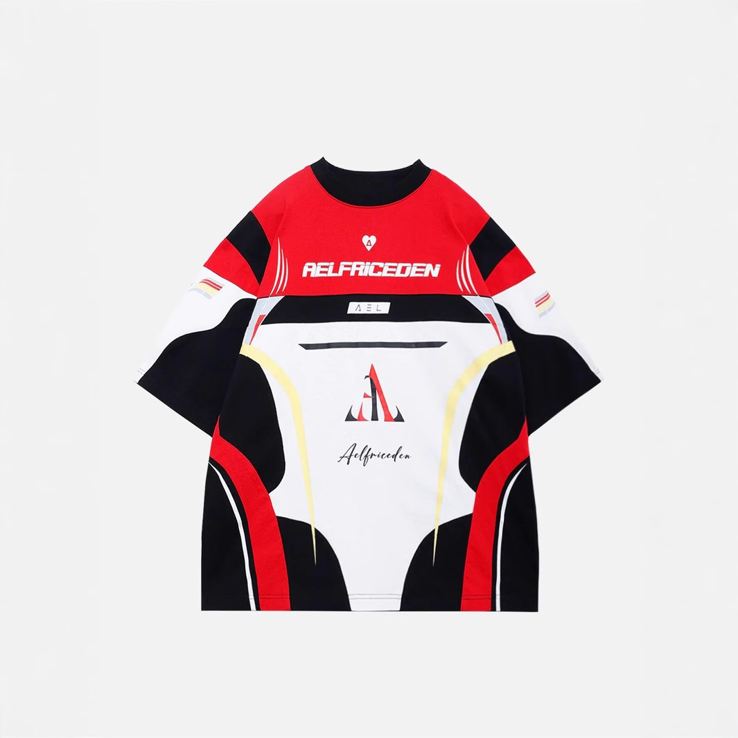 Designer T Shirt Autumn New Trendy Fashion Printed Motorcycle Style High Street Retro American Short Sleeve Top Color Block T Shirt For Women Essentia