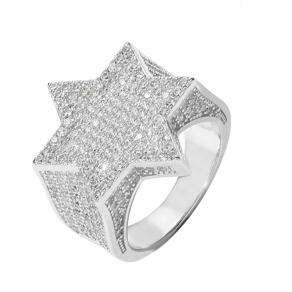 Hip hop ring green Pentagram hexagonal ring Moissanite personalized mens hip hop accessories moissanite