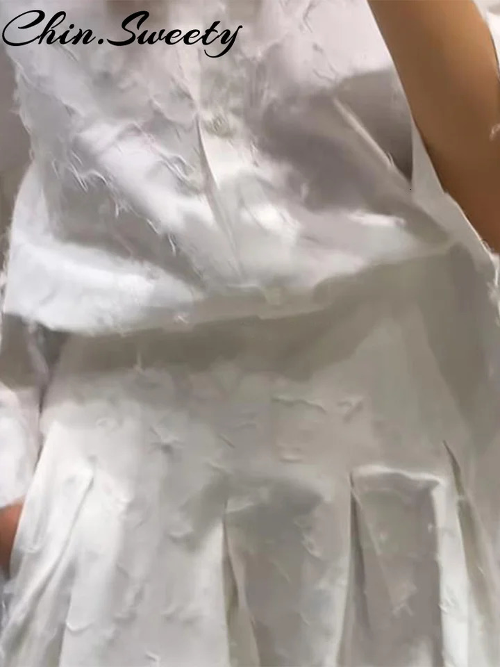 Elegant White Tassel Shirt Skirt Women Outfit Lapel Three-quarters Sleeve Shirts Pleated Skirts 2025 Summer 2 Pieces Lady Set 250530