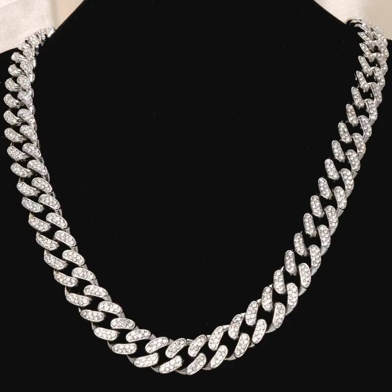 Hip hop Jewelry Plated Iced CZ Pin Necklace Cuban Chain 12mm White Gold Sier Fashion