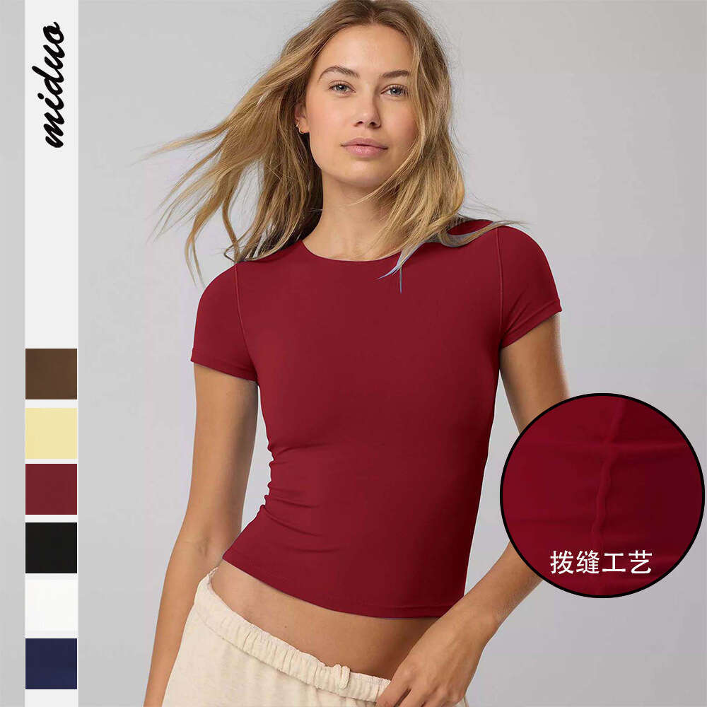 2025 Summer Y2K Style Knitted Tight Short Sleeve T-Shirt for Women with Stitching and Patchwork Design 1062