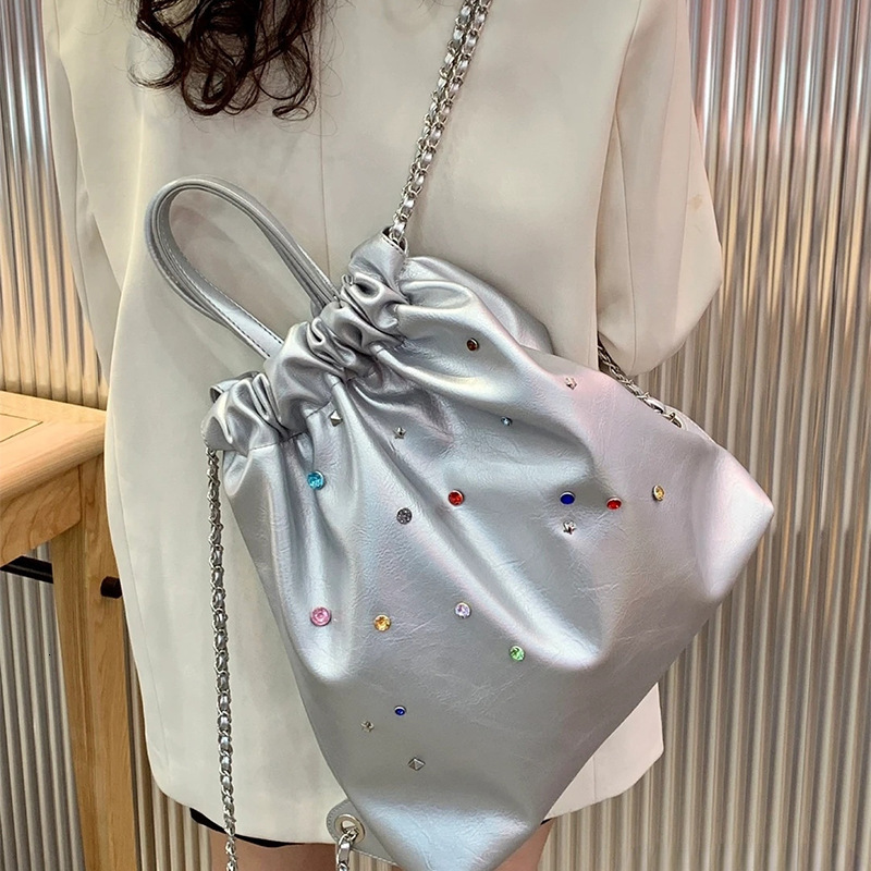 designer New Silver Niche Colorful Gemstone Chain Backpack Diamond Handbag Simple Versatile Drawstring Handbag
