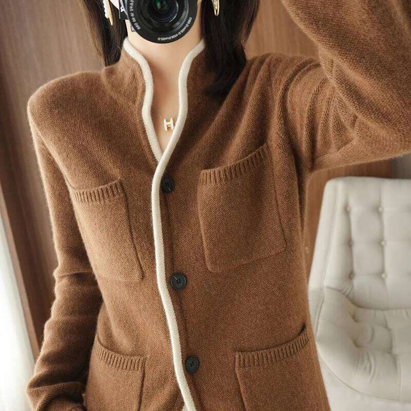 100% Cashmere / Wool Sweater Autumn/Winter 2021 Women's Stand-Up Collar Cardigan Casual Knit Tops Korean Plus Size Female Jacket