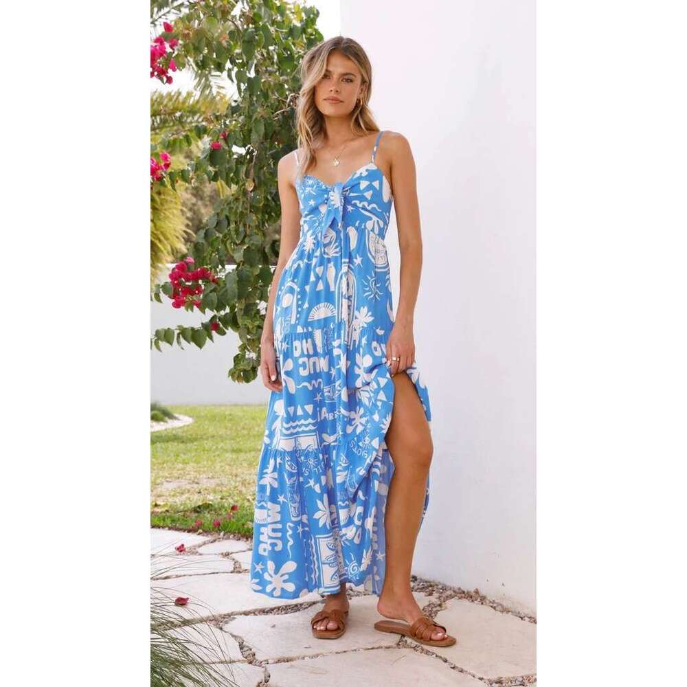 2025 Summer Spaghetti Strap Women's Split Print Sexy Dress Hot Selling Fashion Vacation Style designer bag