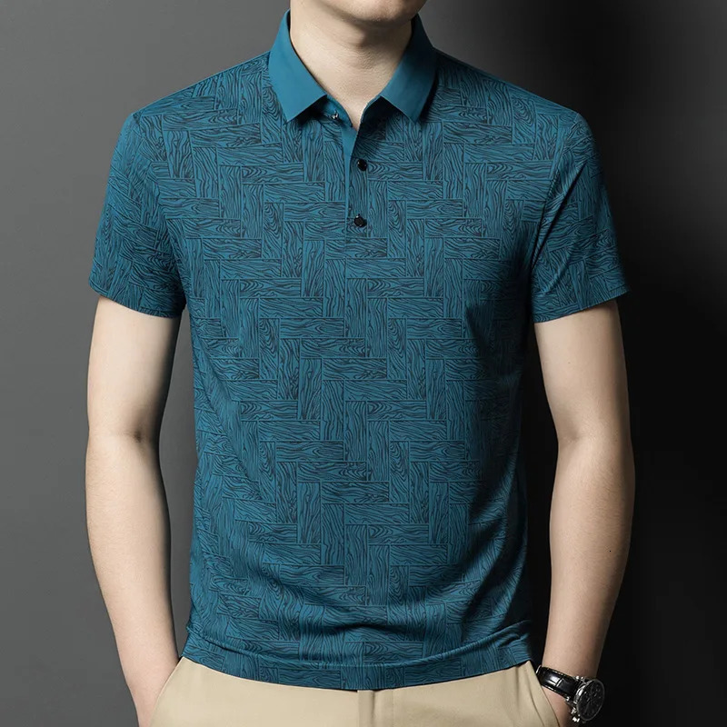 Ice Silk Short-sleeved T-shirt for Men with Lapel Print Summer Thin Casual Short-sleeved Polo Shirt for Men 250526
