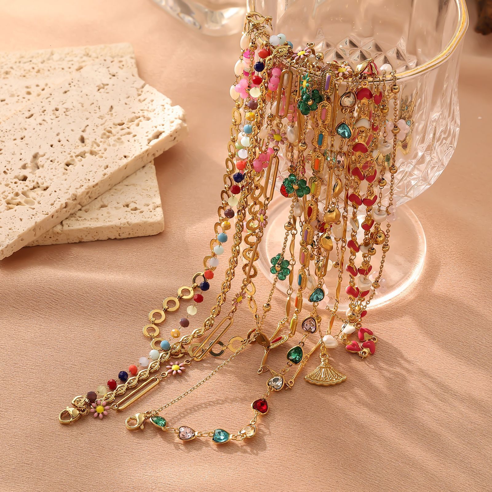 Imitation Tourmaline Bracelet with Water Red Agate, Pearl and Other Accessories Necklace