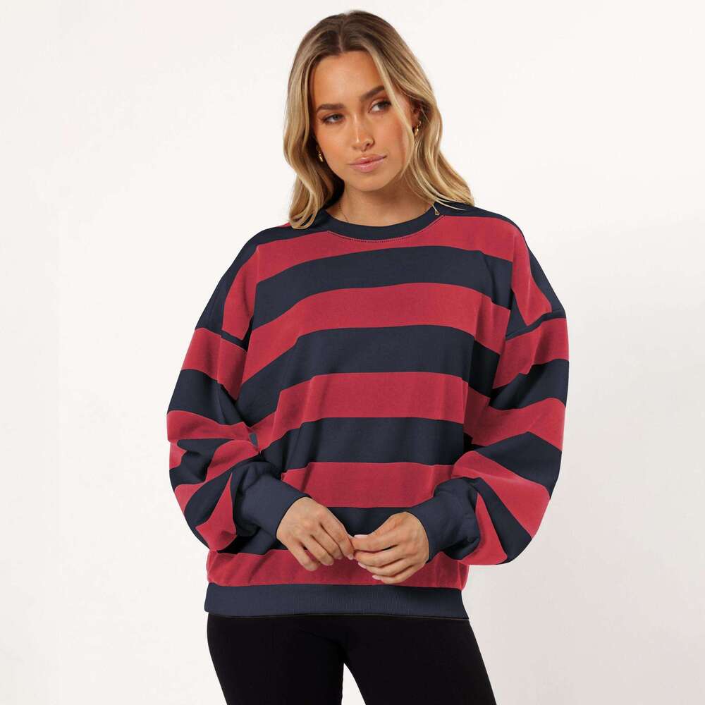 Hot-Selling Trendy Loose Fit Cool Striped Crew Neck Lantern Sleeve Women's Sweatshirt for Autumn and Winter