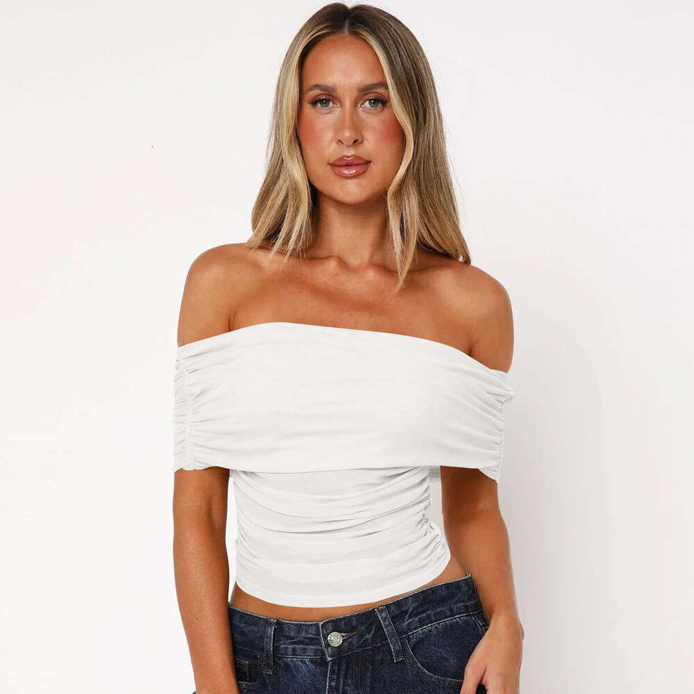 Sexy Women's Lightweight Mesh Off-Shoulder Short Sleeve T-Shirt Early Spring New Sheer Design Sense Tube Top 1062